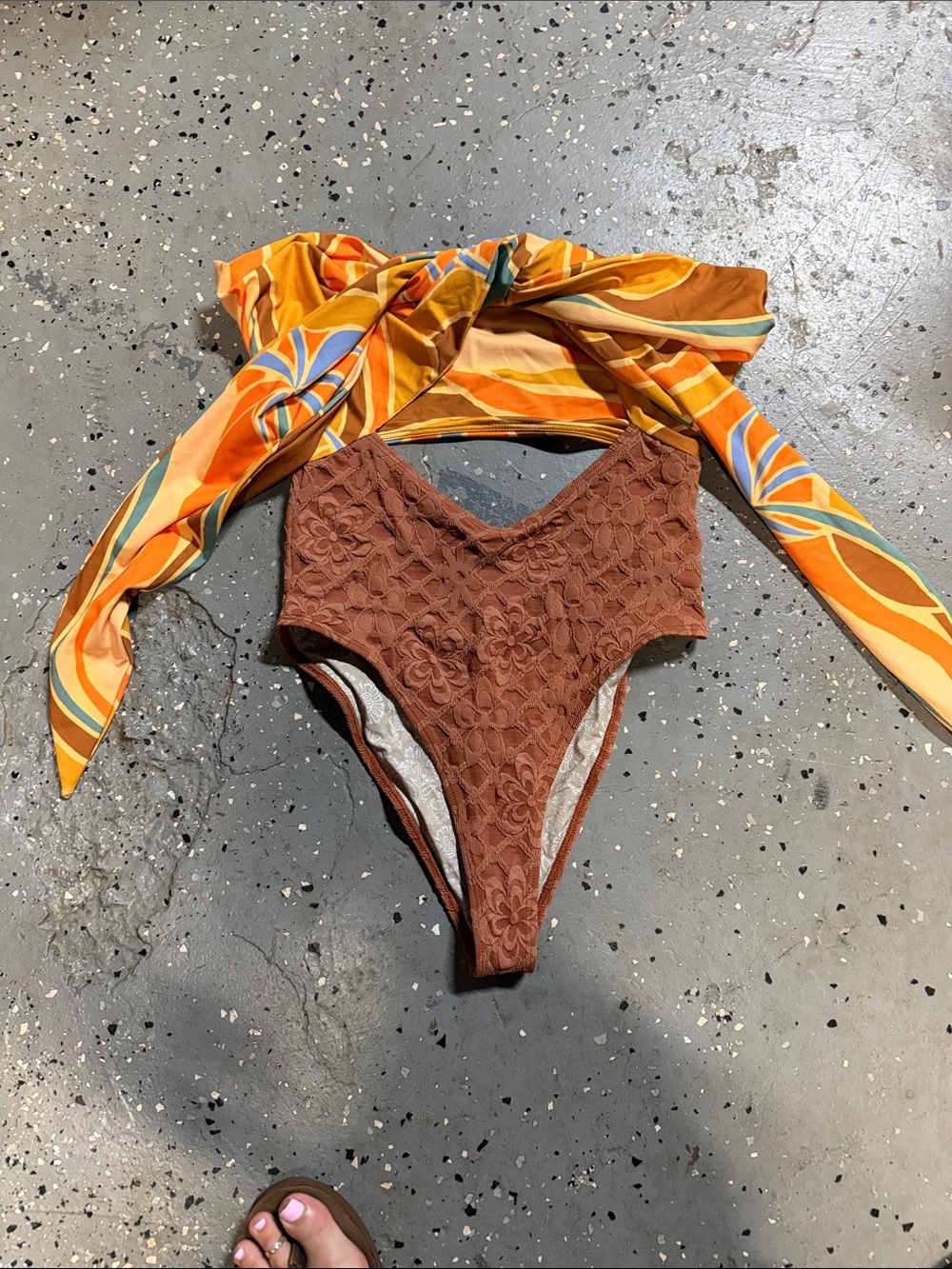 High-Waist Floral Lace Swim Bottoms - Brown